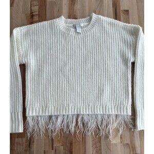 Design History Women's Long Sleeve Cropped Sweater Rib Knit Ivory Feather Trim S